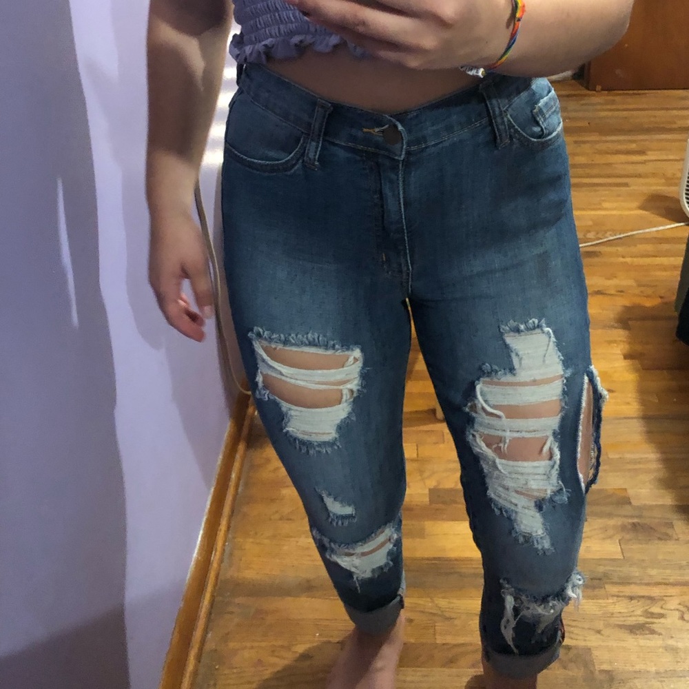 Medium wash distressed skinny jeans